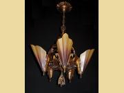 1930s Bronze Brown Tip Slip Shade Chandelier. All original