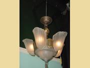 1930s Antique 6 Shade Dining Room Lighting Fixture with Vintage Slip Shades