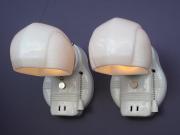 Vintage pair white porcelain wall sconces with antique shades. Price for pair
