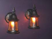 SOLD Pair Vintage Porch Light Fixtures with Original patterned Glass Shades